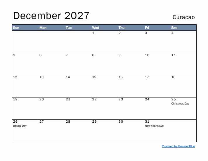 December 2027 Simple Monthly Calendar for Curacao