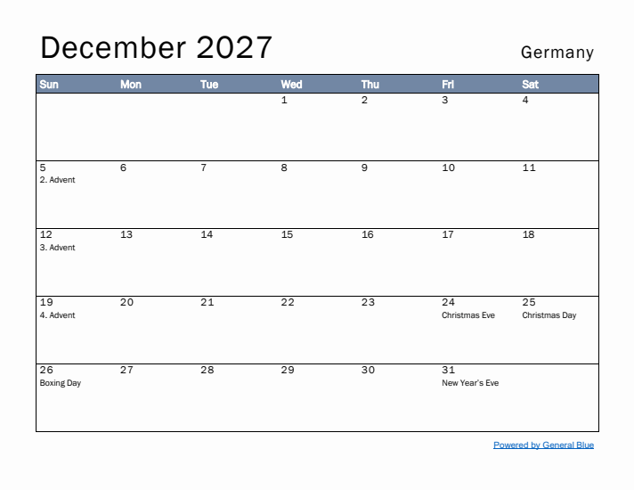 December 2027 Simple Monthly Calendar for Germany