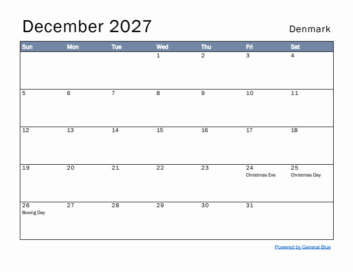 December 2027 Simple Monthly Calendar for Denmark