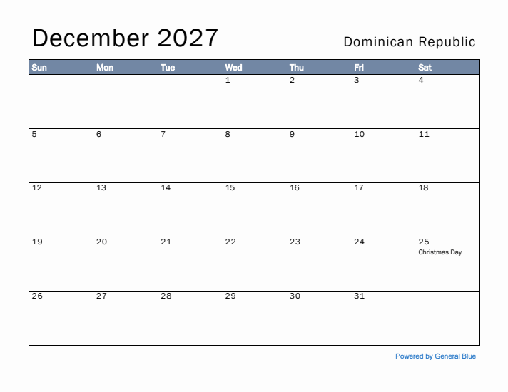 December 2027 Simple Monthly Calendar for Dominican Republic