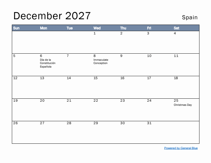 December 2027 Simple Monthly Calendar for Spain