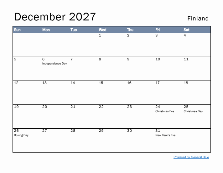 December 2027 Simple Monthly Calendar for Finland