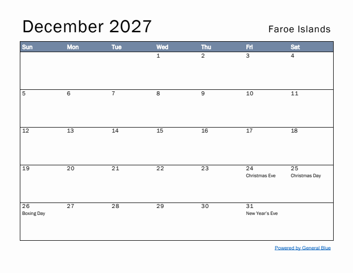 December 2027 Simple Monthly Calendar for Faroe Islands