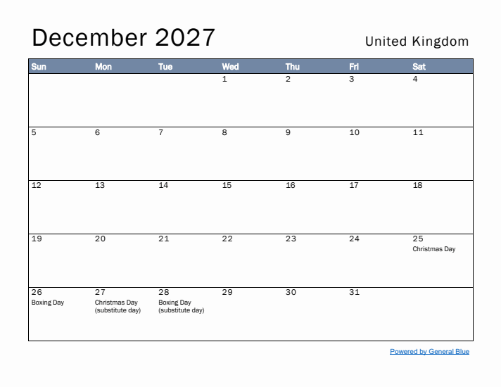 December 2027 Simple Monthly Calendar for United Kingdom