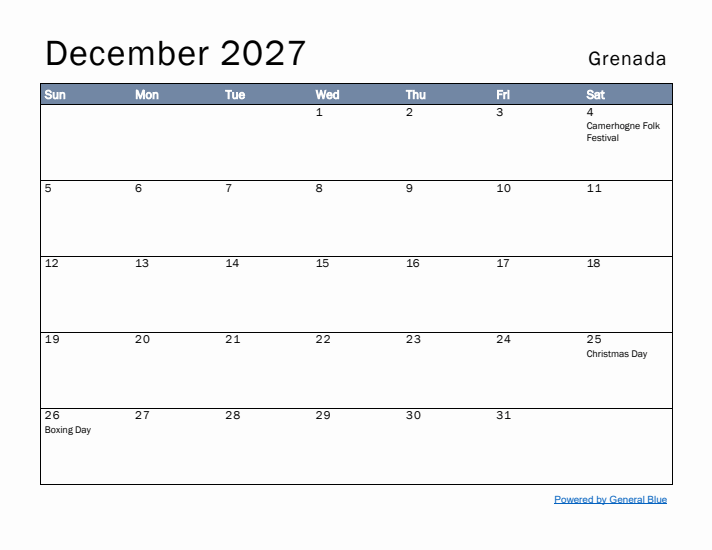 December 2027 Simple Monthly Calendar for Grenada