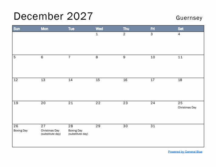 December 2027 Simple Monthly Calendar for Guernsey