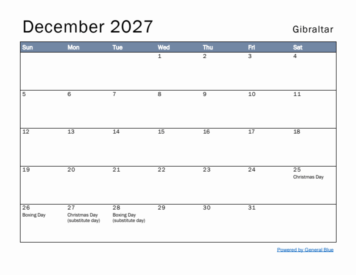 December 2027 Simple Monthly Calendar for Gibraltar