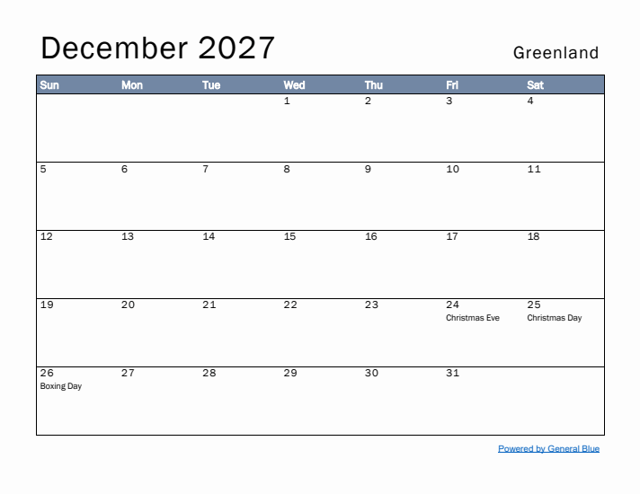 December 2027 Simple Monthly Calendar for Greenland