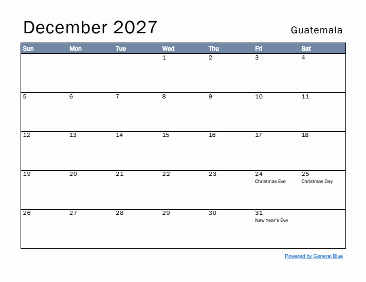 December 2027 Simple Monthly Calendar for Guatemala