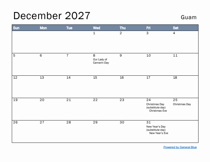 December 2027 Simple Monthly Calendar for Guam