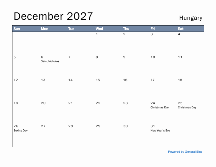 December 2027 Simple Monthly Calendar for Hungary