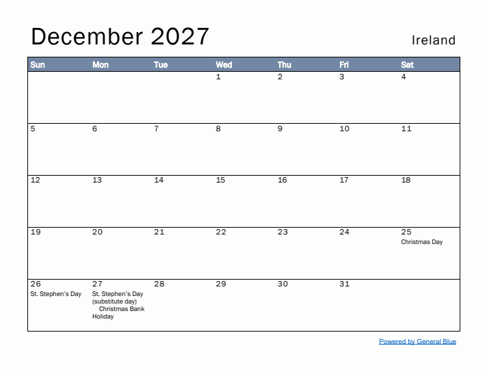 December 2027 Simple Monthly Calendar for Ireland