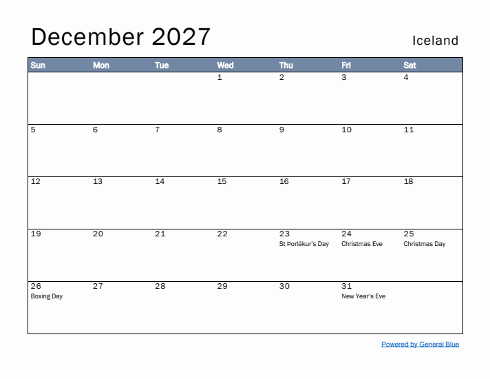 December 2027 Simple Monthly Calendar for Iceland