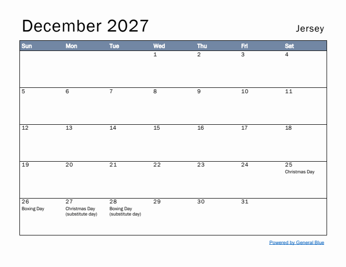 December 2027 Simple Monthly Calendar for Jersey