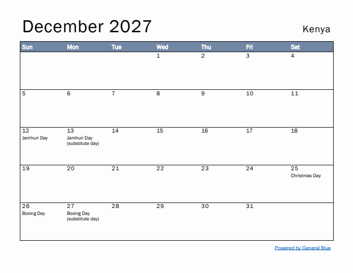 December 2027 Simple Monthly Calendar for Kenya