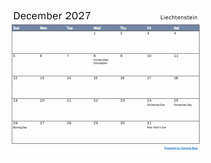 December 2027 Simple Monthly Calendar for Liechtenstein