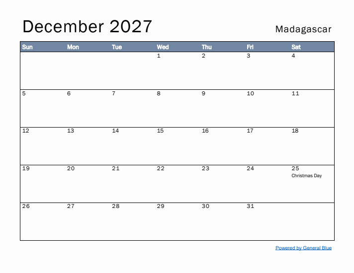 December 2027 Simple Monthly Calendar for Madagascar