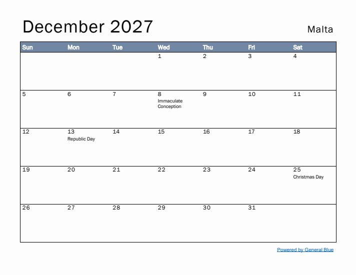 December 2027 Simple Monthly Calendar for Malta