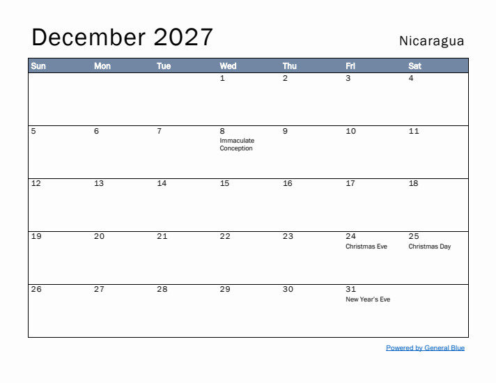 December 2027 Simple Monthly Calendar for Nicaragua