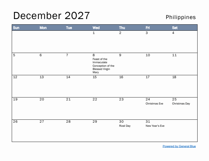 December 2027 Simple Monthly Calendar for Philippines