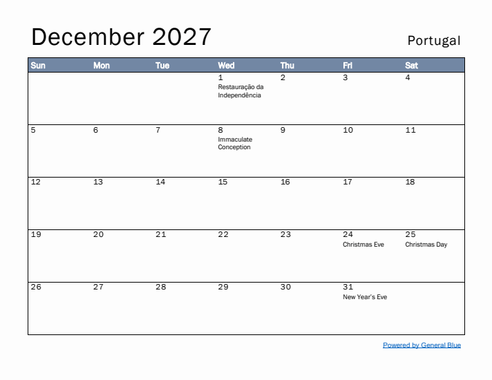 December 2027 Simple Monthly Calendar for Portugal