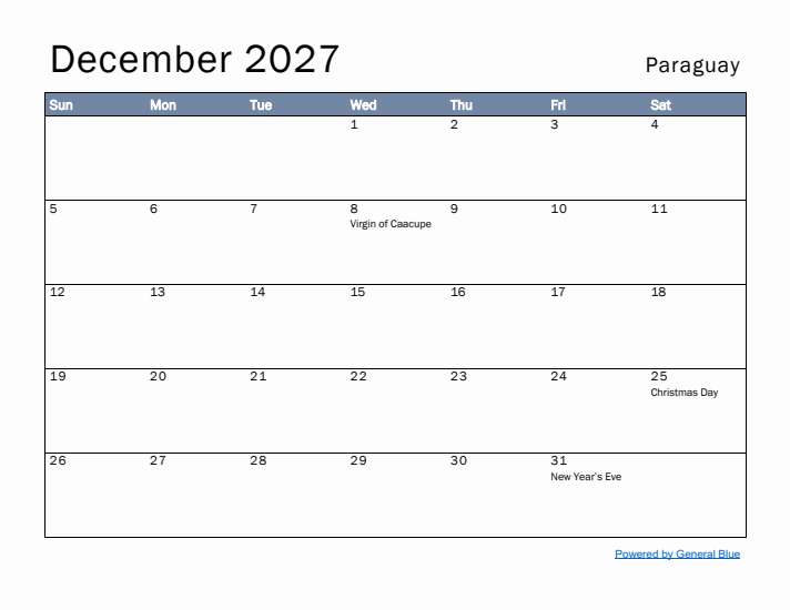 December 2027 Simple Monthly Calendar for Paraguay