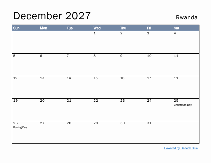 December 2027 Simple Monthly Calendar for Rwanda