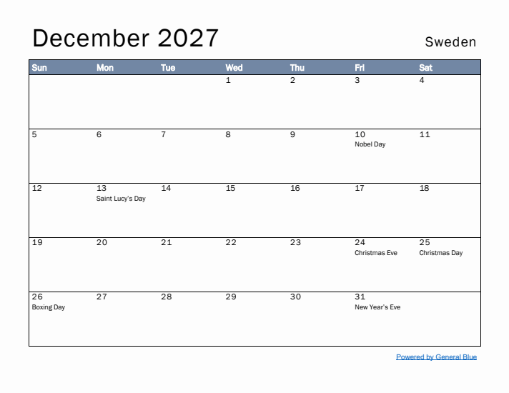 December 2027 Simple Monthly Calendar for Sweden