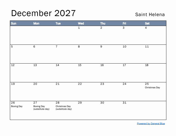 December 2027 Simple Monthly Calendar for Saint Helena