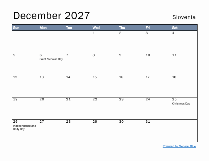 December 2027 Simple Monthly Calendar for Slovenia