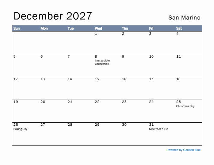 December 2027 Simple Monthly Calendar for San Marino