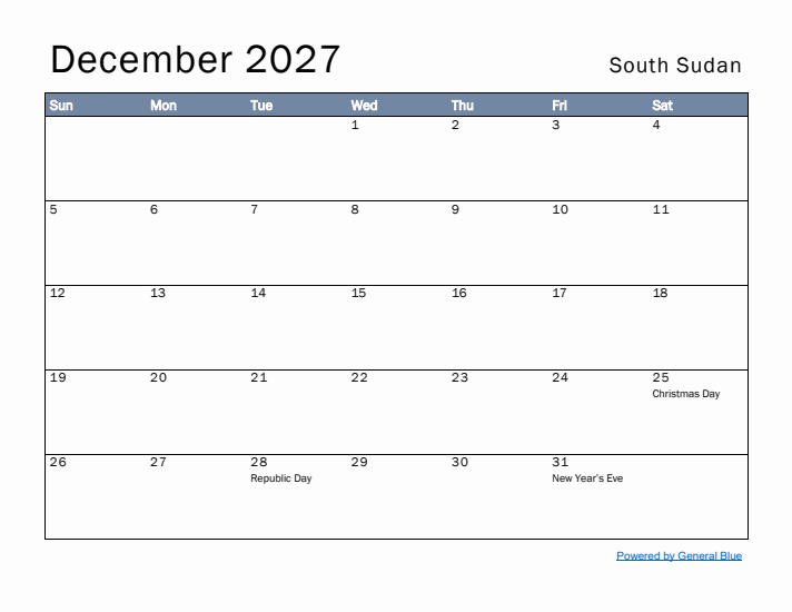 December 2027 Simple Monthly Calendar for South Sudan