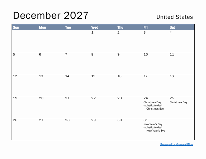 December 2027 Simple Monthly Calendar for United States