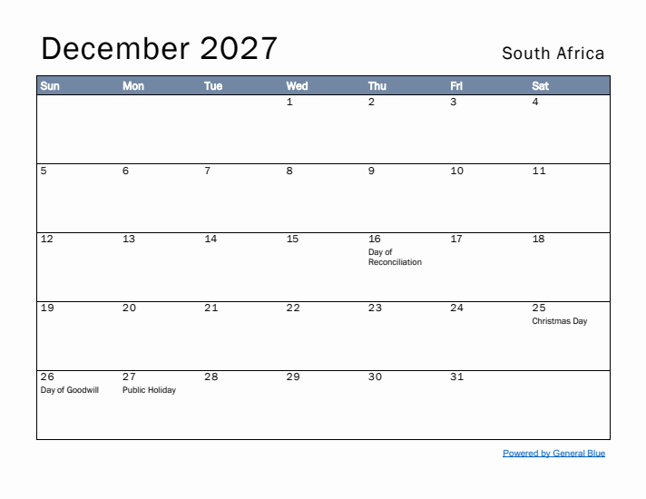 December 2027 Simple Monthly Calendar for South Africa