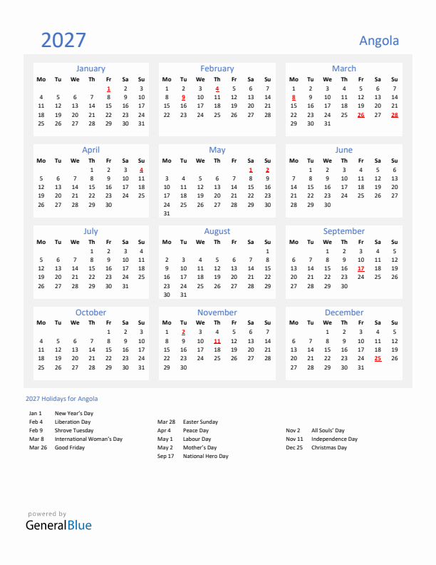 Basic Yearly Calendar with Holidays in Angola for 2027 