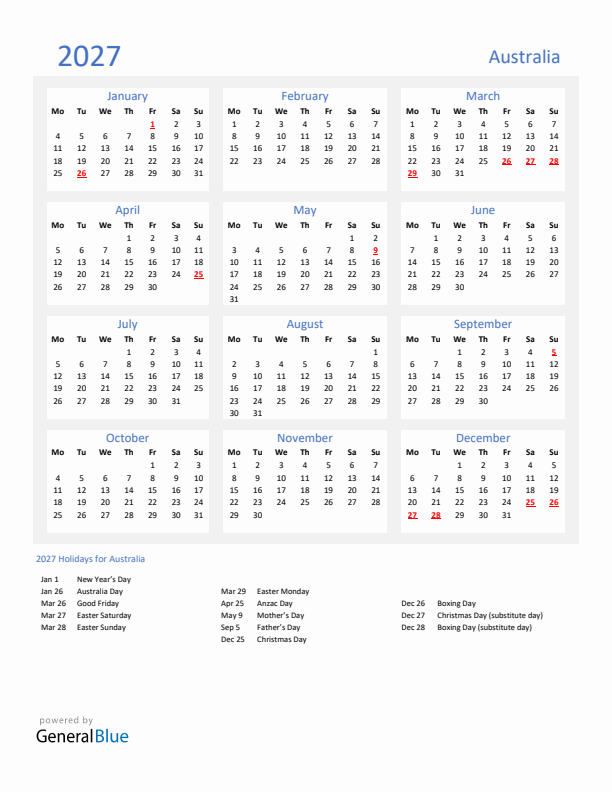 Basic Yearly Calendar with Holidays in Australia for 2027 