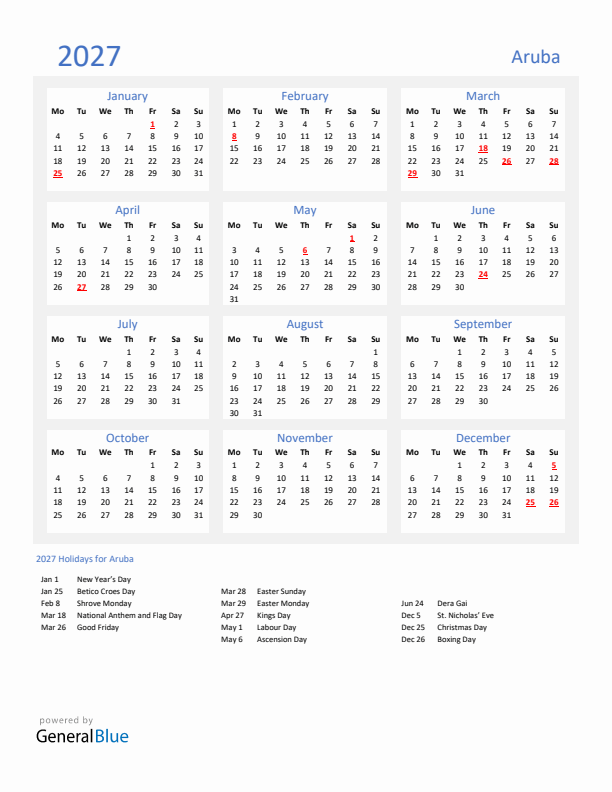 Basic Yearly Calendar with Holidays in Aruba for 2027 