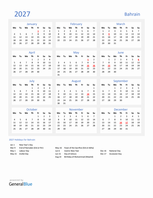 Basic Yearly Calendar with Holidays in Bahrain for 2027 