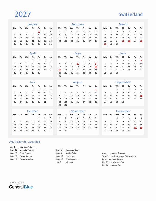 Basic Yearly Calendar with Holidays in Switzerland for 2027 