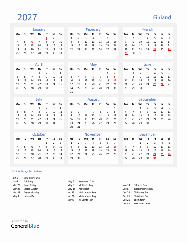 Basic Yearly Calendar with Holidays in Finland for 2027 