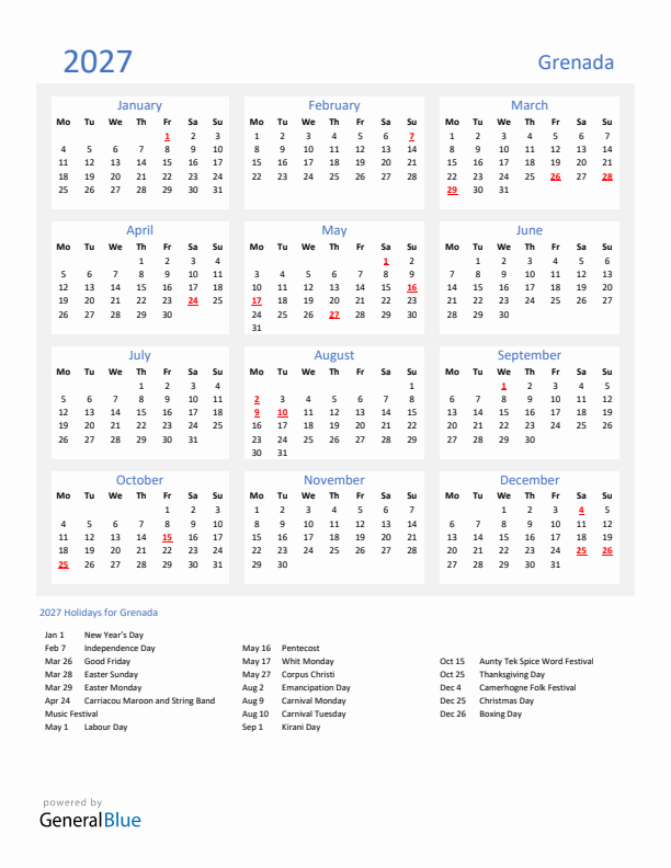 Basic Yearly Calendar with Holidays in Grenada for 2027 