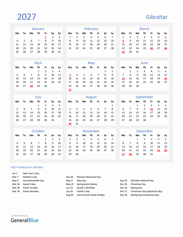 Basic Yearly Calendar with Holidays in Gibraltar for 2027 