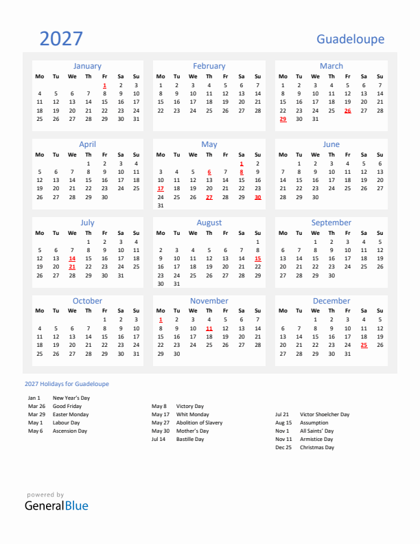 Basic Yearly Calendar with Holidays in Guadeloupe for 2027 