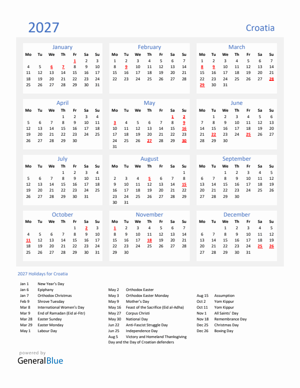 Basic Yearly Calendar with Holidays in Croatia for 2027 