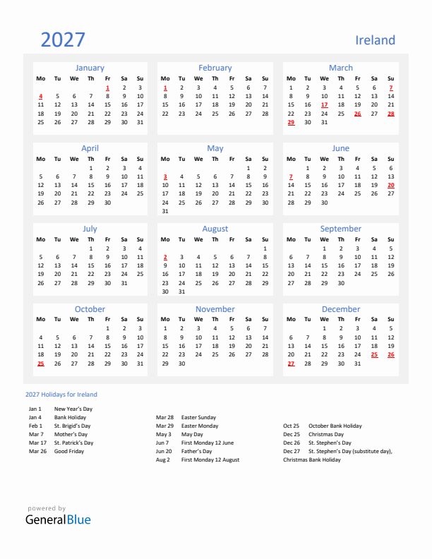 Basic Yearly Calendar with Holidays in Ireland for 2027 