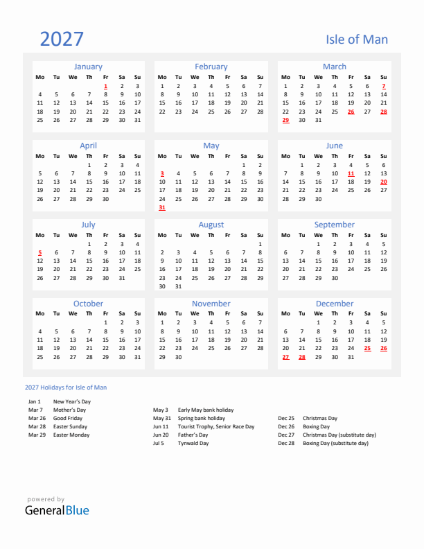 Basic Yearly Calendar with Holidays in Isle of Man for 2027 