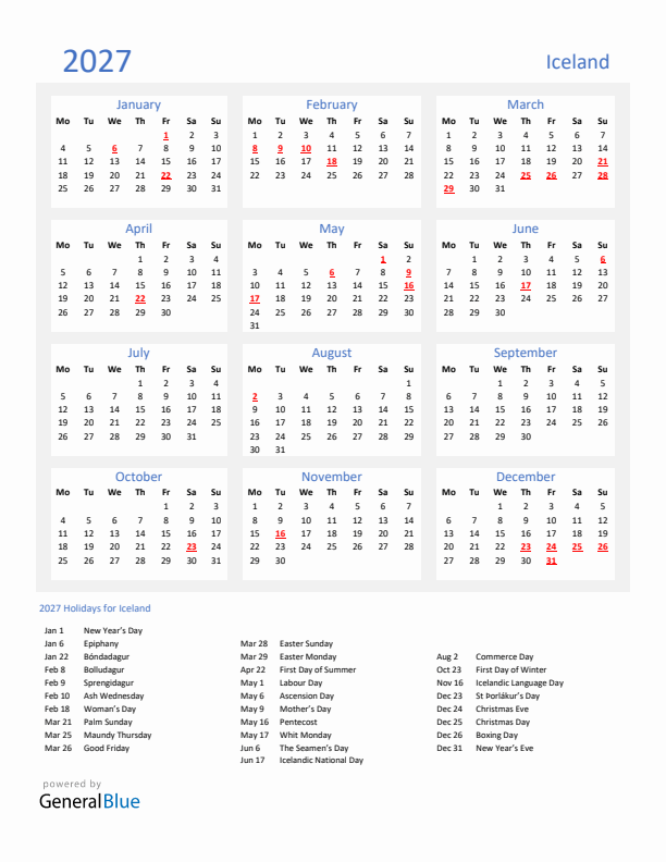 Basic Yearly Calendar with Holidays in Iceland for 2027 