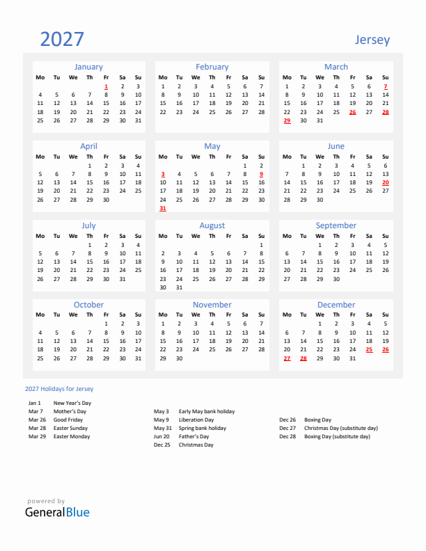 Basic Yearly Calendar with Holidays in Jersey for 2027 