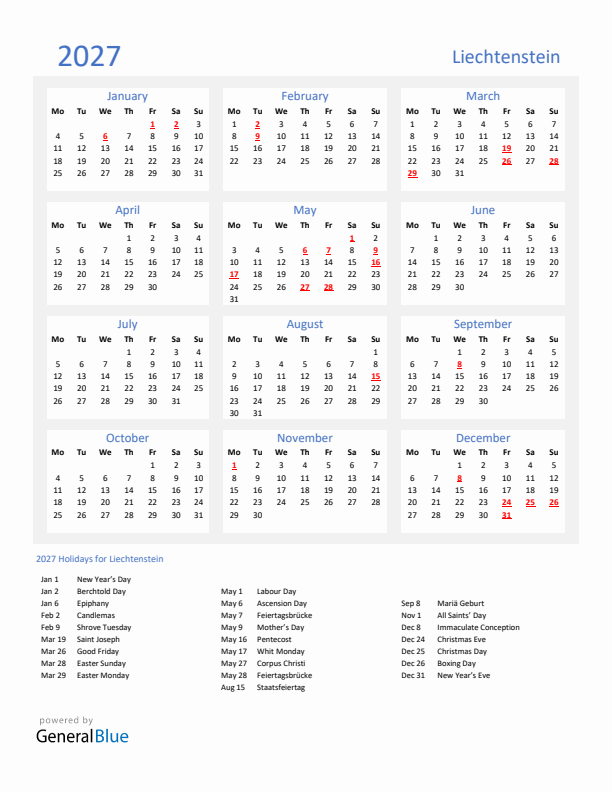 Basic Yearly Calendar with Holidays in Liechtenstein for 2027 