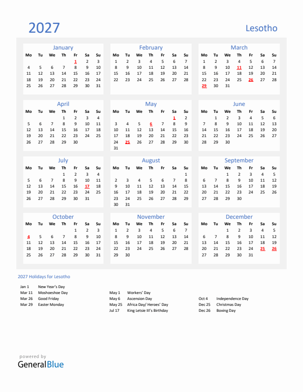 Basic Yearly Calendar with Holidays in Lesotho for 2027 